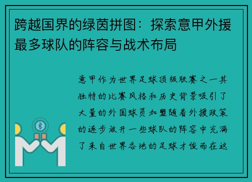 跨越国界的绿茵拼图：探索意甲外援最多球队的阵容与战术布局